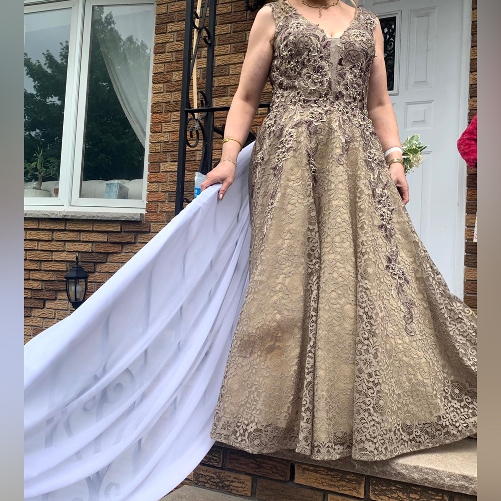 Tan and purple maxi evening dress